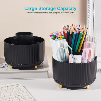 Desk Pencil Pen Holder, 5 Slots 360 Degree Rotating Pencil Pen Organizers for Desk Desktop Storage Stationery Supplies Organizer Cute Pen Cup for Office School Home Art Supply Cream Yellow