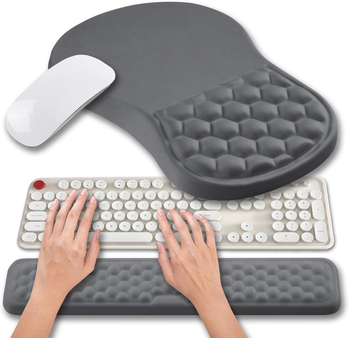 Hokafenle 2 in 1 Ergonomic Mouse Pad Wrist Support & Wrist Rest for Computer Keyboard Set, with Relieve Carpal Tunnel Pain Massage Bulge and Full Memory Gel Design (2In1 Set, Light Green)