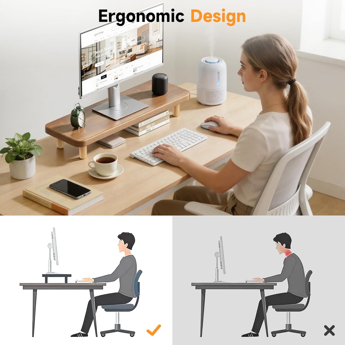 Monitor Stand Riser, 24 Inch Wood Desk Organizer with Monitor Stand & Storage Computer Monitor and Laptop Riser Multifunctional Laptop Stand Desk Organizer for Office Home Screen/Laptop/PC (Light Walnut)