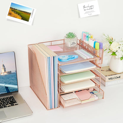 Desk Organizer, 5-Tier Paper Letter Tray Organizer with File Holder, Drawer and Pen Holder, Desktop Organizer for Office Supplies, Black