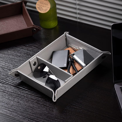 BONNY DODO Valet Tray for Men PU Leather Tray Organizer with Partition, Storage Keys, Watch & Practical Storage for Table Nightstand Living Room Bedroom (Dark Brown-Square)