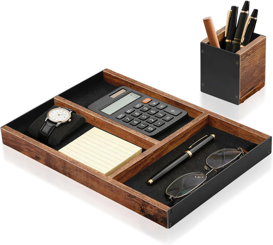 Wooden Desk Tray with Integrated Pen Holder, Luxury Office Organizer for Executive Desk, Minimalist Wood & Metal Stationery Storage Set, Premium Gift for Men & Home Office Decor