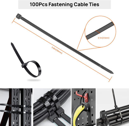 Cable Management Kit - 4 Cable Sleeve, 57 Self Adhesive Cable Clips, 12 Hanging Strips, 12 Cable Organizer Straps and 100 Fastening Cable Ties for TV Computer Under Desk (Black and White)