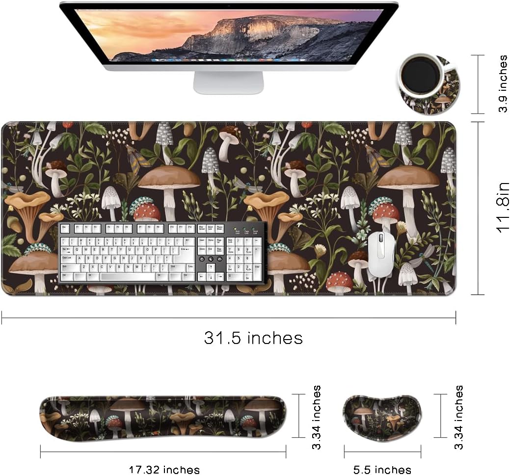 MIBITRI Keyboard Mouse Pad Set, Extended Gaming Mouse Pad+Ergonomics Keyboard Wrist Rest Support, Memory Foam, Easy Typing Pain Relief, 4Pcs XXL Ultra Thick Desk Mat, Enchanted Bookshelf