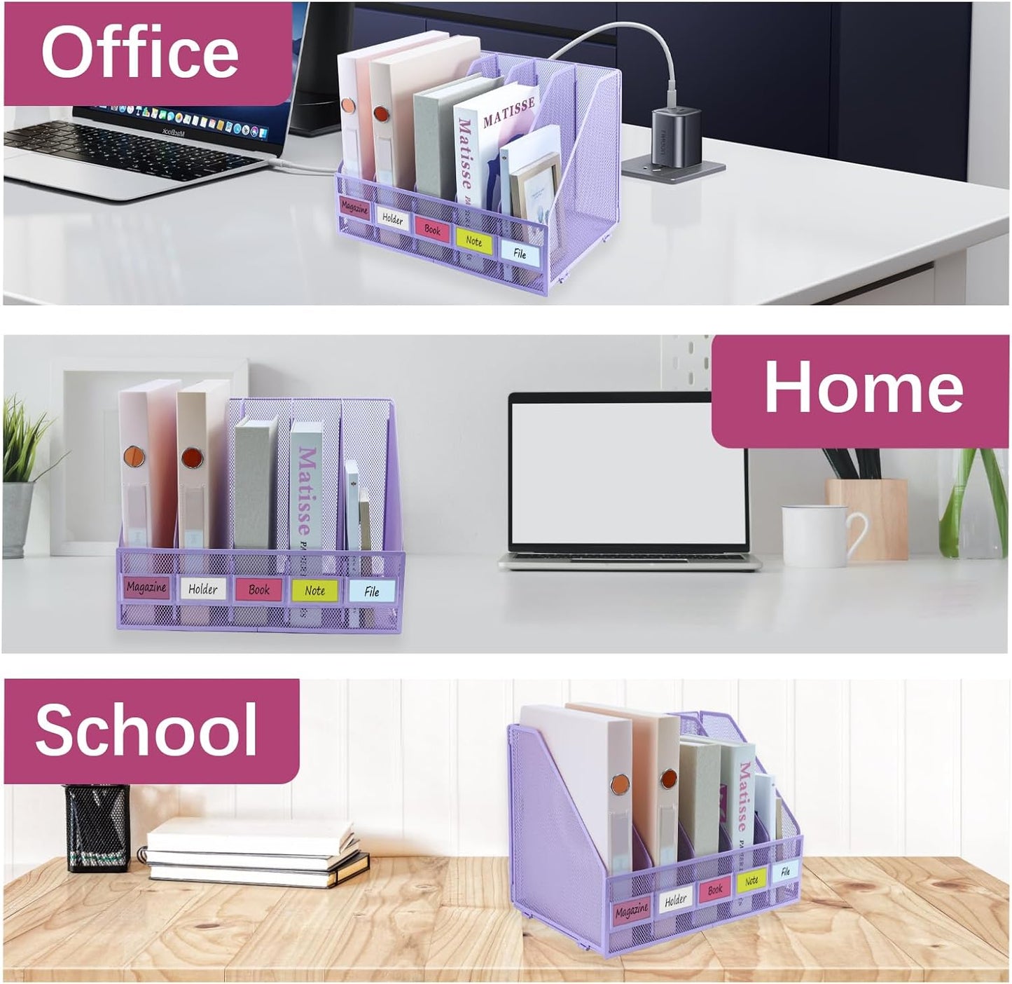 Desk Organizers, Metal Magazine File Holder with 5 Vertical Compartments Rack Binder File Organizer for Office Supplies, Home Workspace - Black