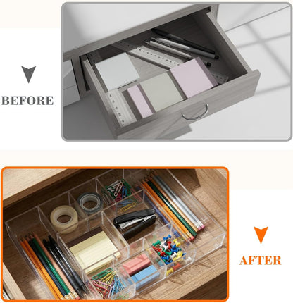 Large Acrylic Desk Deep Drawer Organizer with Adjustable Dividers, Anti-skip Clear Desk Top Junk Drawer Storage Tray for Pens, Desktop, Office, Bathroom, Kitchen, Makeup Supplies(7 Compartments)