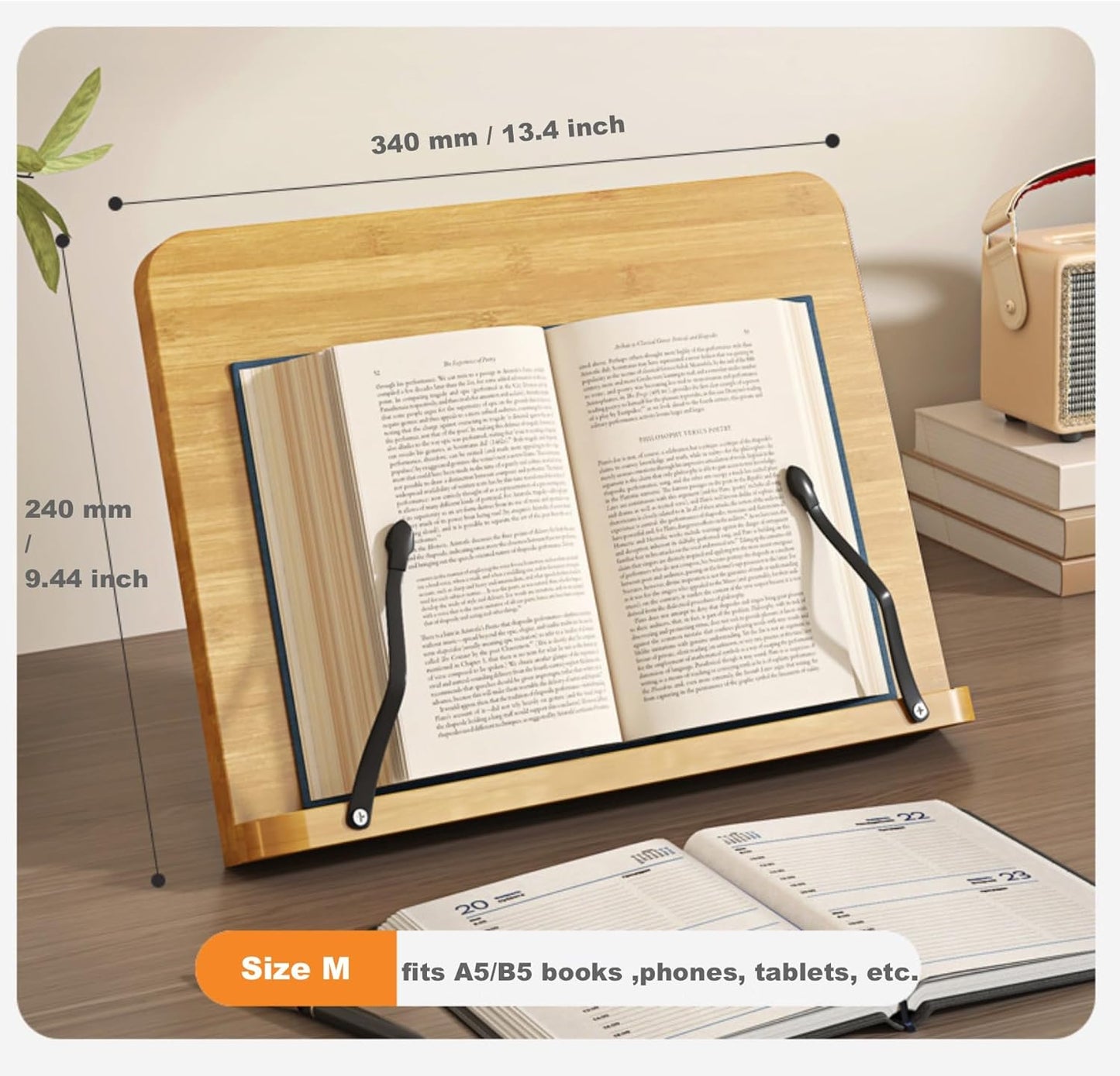 Recipe Book Holder,Cookbook Stand Wood Cookbook Holder for Kitchen, Adjustable Angle and Page Paper Clips,Magazine Holder for Desk, Laptop Stand, Tabletop Easel (Wood, S(11'' x 7.9''))