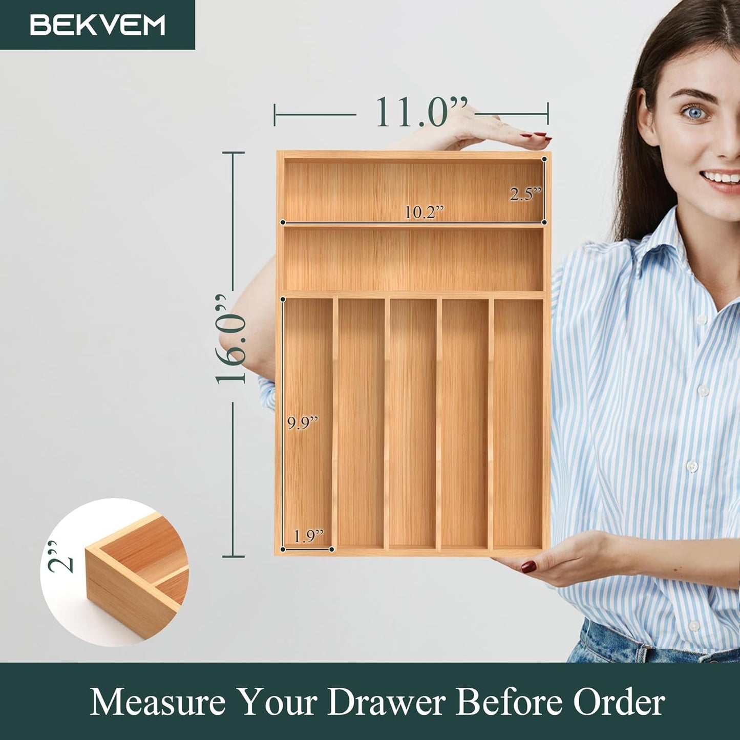 Small Silverware Organizer, Bamboo Kitchen Drawer Organizer, Utensil Holder, Cutlery Tray & Spoon Flatware Storage with Grooved Drawer Dividers (6.7''W x 12''D)