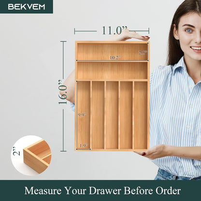 Small Silverware Organizer, Bamboo Kitchen Drawer Organizer, Utensil Holder, Cutlery Tray & Spoon Flatware Storage with Grooved Drawer Dividers (6.7''W x 12''D)