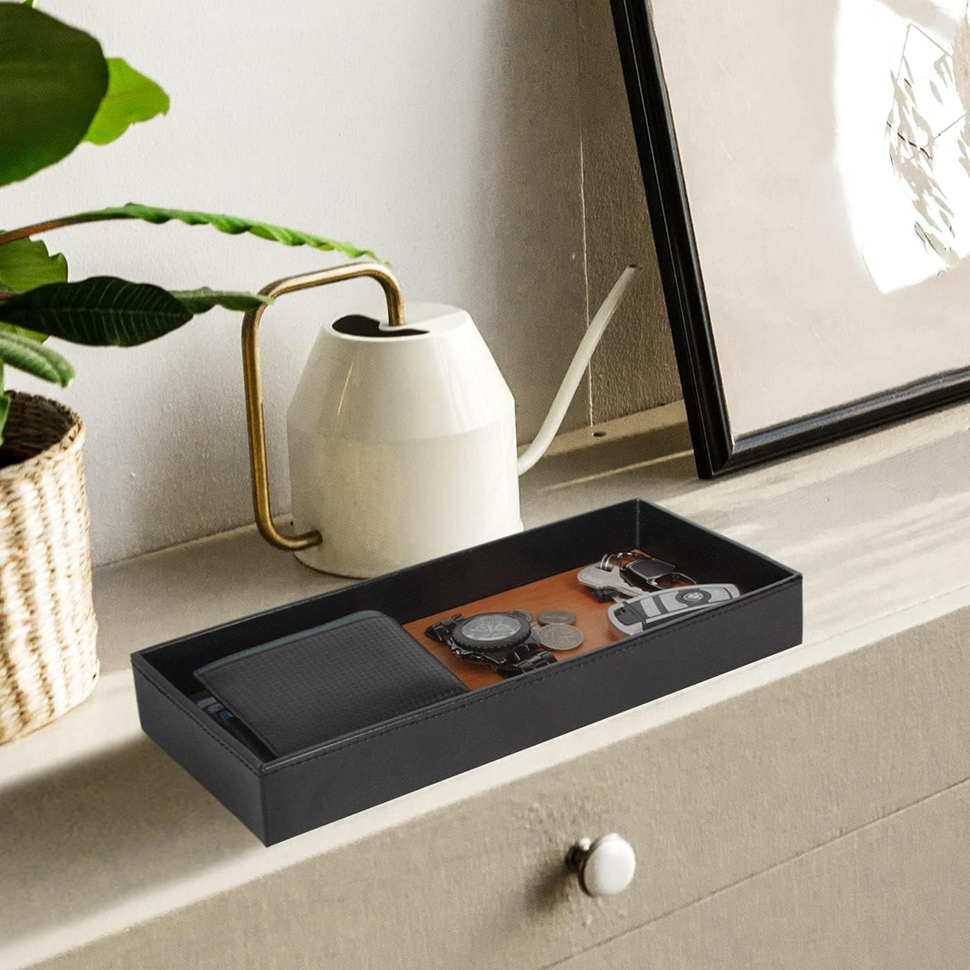 JACKCUBE Design Leather Valet Tray, Catchall Storage Women Vanity Nightstand Tray for Keys, Phones, Jewelry, Makeup, Perfume, Watches (Ivory) - MK1092B