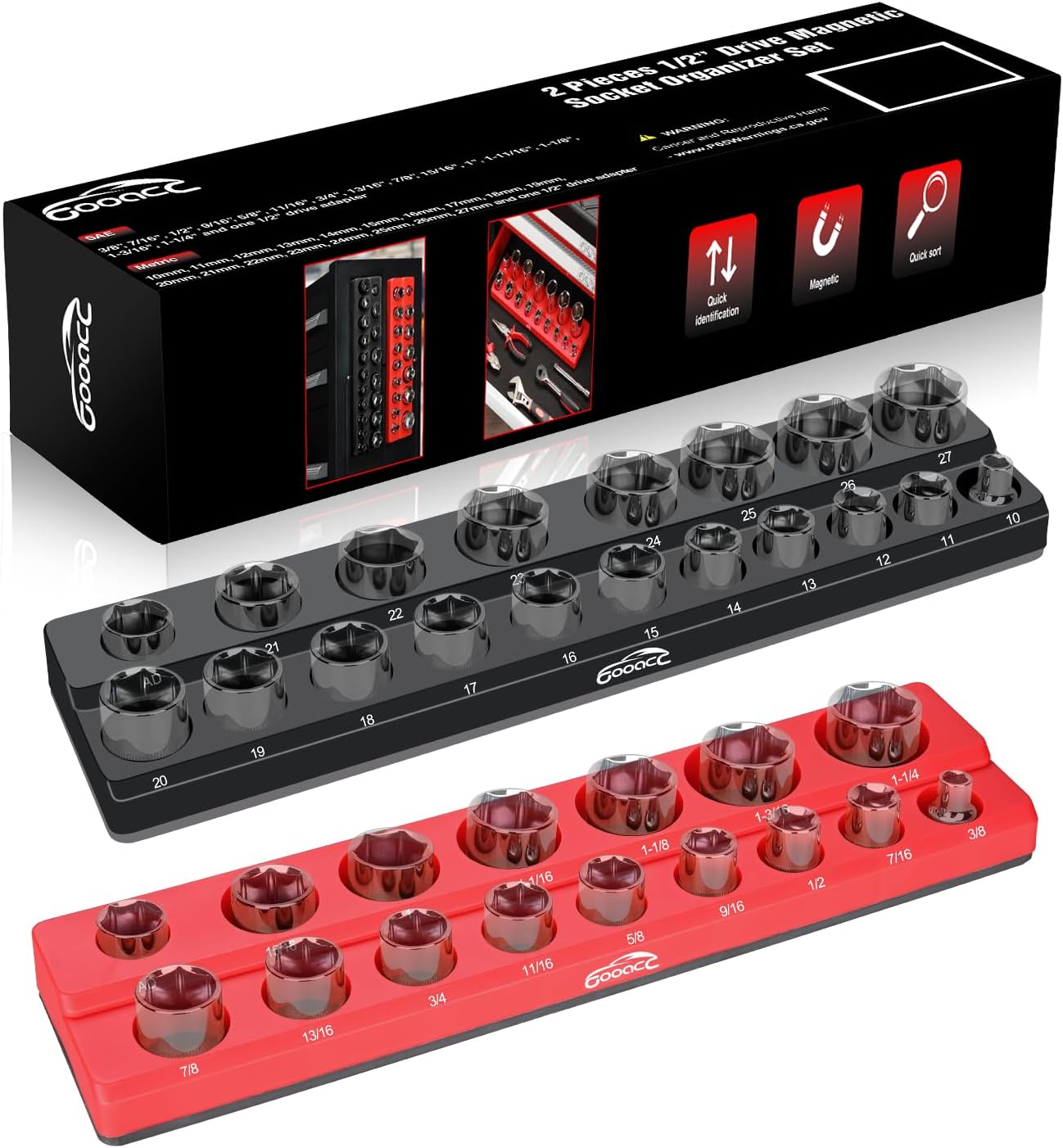 GOOACC 1/4" Magnetic Socket Organizer, 2 Pieces Socket Holder Metric SAE Socket Tray, 1/4 inch Socket Organizer Tray Holds 52 Standard Sockets for Tool Box Drawer