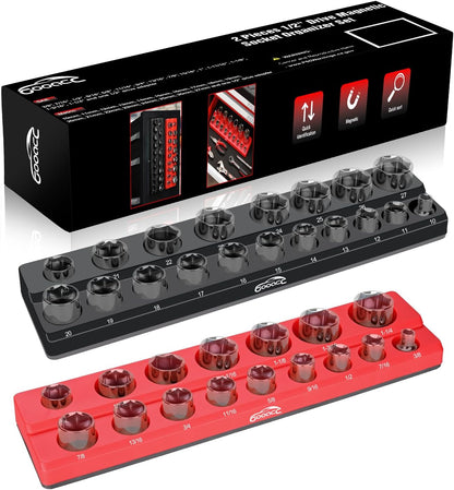 GOOACC 1/4" Magnetic Socket Organizer, 2 Pieces Socket Holder Metric SAE Socket Tray, 1/4 inch Socket Organizer Tray Holds 52 Standard Sockets for Tool Box Drawer