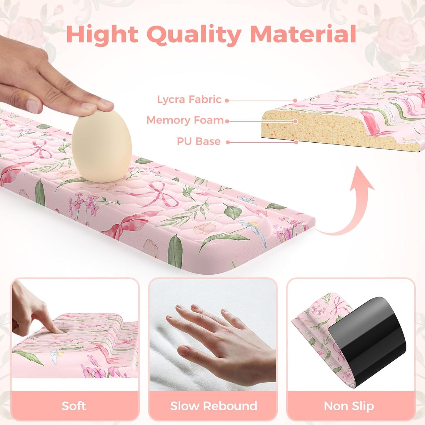2 in 1 Keyboard Stand for Desktop, Floral Wrist Support for Keyboards, Anti-Fatigue Memory Foam Wrist Rest for Computer, 3-Angle Adjustable Keyboard Riser for Office Home (Pink Bow)
