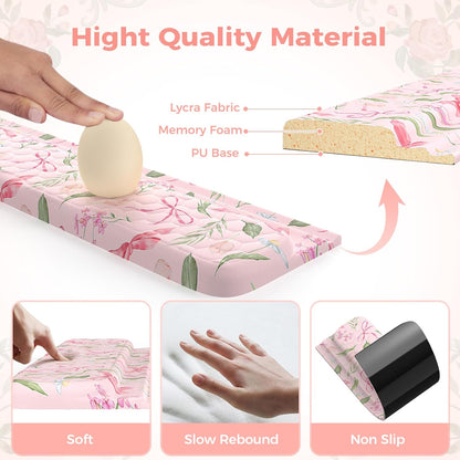 2 in 1 Keyboard Stand for Desktop, Floral Wrist Support for Keyboards, Anti-Fatigue Memory Foam Wrist Rest for Computer, 3-Angle Adjustable Keyboard Riser for Office Home (Pink Bow)