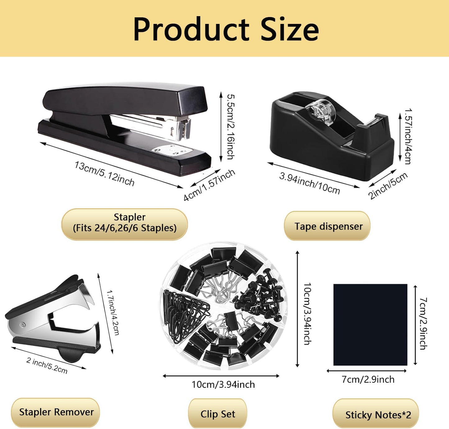 suniya Office Supplies,Gold Desk Accessories,with Stapler,Tape Dispenser,Pen Holder,Scissors,Phone Stand,Staple Remover,Ballpoint Pen,Clear Tape, Staples,Ruler,Clips,Best Gift for Business or Boss