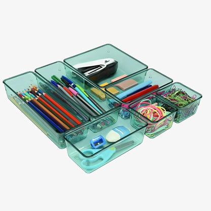 Acrimet Drawer Organizer Modular, Box Tray Storage Bins for Office, Home, Makeup, Kitchen, Junk Drawer (7 Units - 4 Sizes) (Clear Green Plastic)