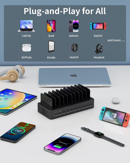 580W Charging Station for Multiple Devices, 10-Port USB C Fast Charger Station, Dual PD 100W Charging Dock with Adjustable Dividers & 6 Cables-Device Organizer for Laptop MacBook, iPhone, iPad