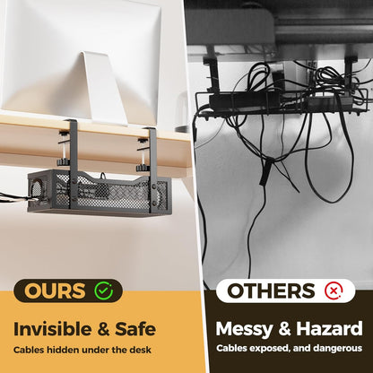 Under Desk Cable Management Tray White, Cinati Wire Organizers No Drill, Cable Tray with Clamp for Wire Management, Cord Organization Box for Office, Home - No Damage to Desk