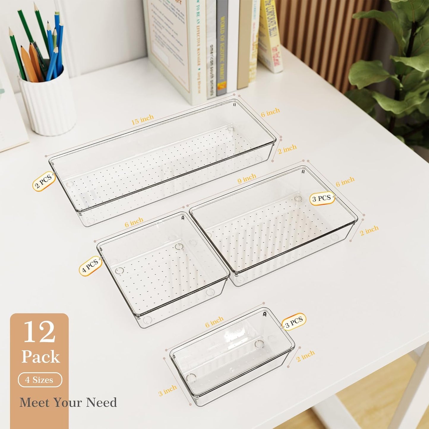 12 Pack Large Clear Plastic Drawer Organizer Set, Acrylic Bathroom Organizer Vanity Trays Dividers, Kitchen Organizers and Storage, Non-Slip Storage Bins for Makeup, Snacks, Office, Desk, Fridge