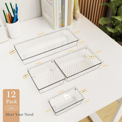12 Pack Large Clear Plastic Drawer Organizer Set, Acrylic Bathroom Organizer Vanity Trays Dividers, Kitchen Organizers and Storage, Non-Slip Storage Bins for Makeup, Snacks, Office, Desk, Fridge