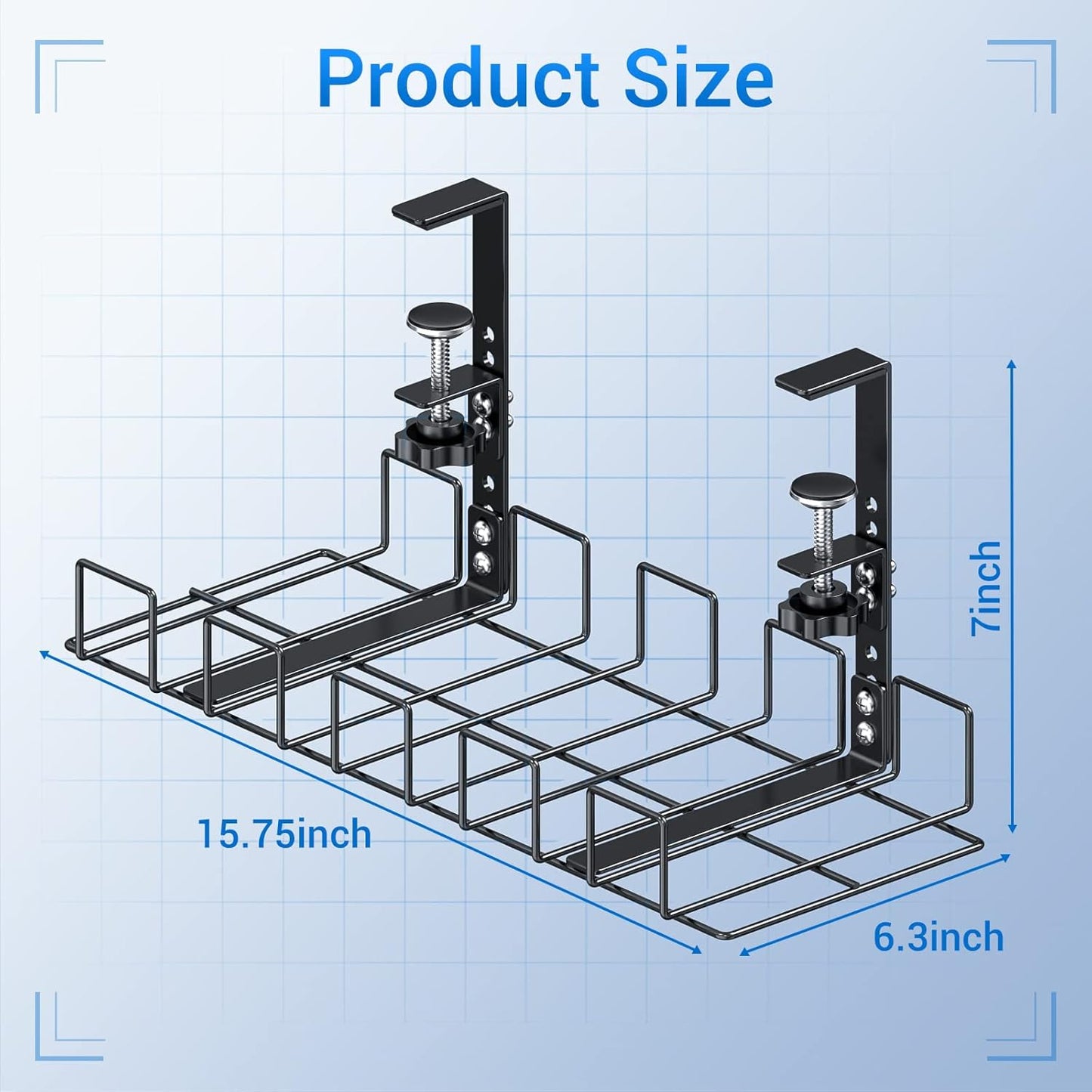 LUXEAR Under Desk Cable Management Tray 2Pack No Drill C-Clamp Standing Desk Cords Organizers 15.7“ High Capacity Adjustable Removable Docking Station Wires Holder Rack Office Kitchen Table Raceway