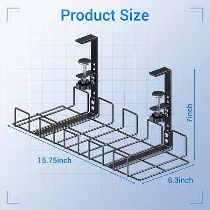 LUXEAR Under Desk Cable Management Tray 2Pack No Drill C-Clamp Standing Desk Cords Organizers 15.7“ High Capacity Adjustable Removable Docking Station Wires Holder Rack Office Kitchen Table Raceway