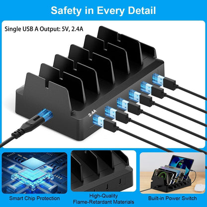 Charging Station for Multiple Devices, 6 Port USB Desktop Charger Dock Compatible with iPad, Samsung, Android, Tablet, Family Multi Phone Charging Organizer with Divider Holders, Fireproof ABS (White)