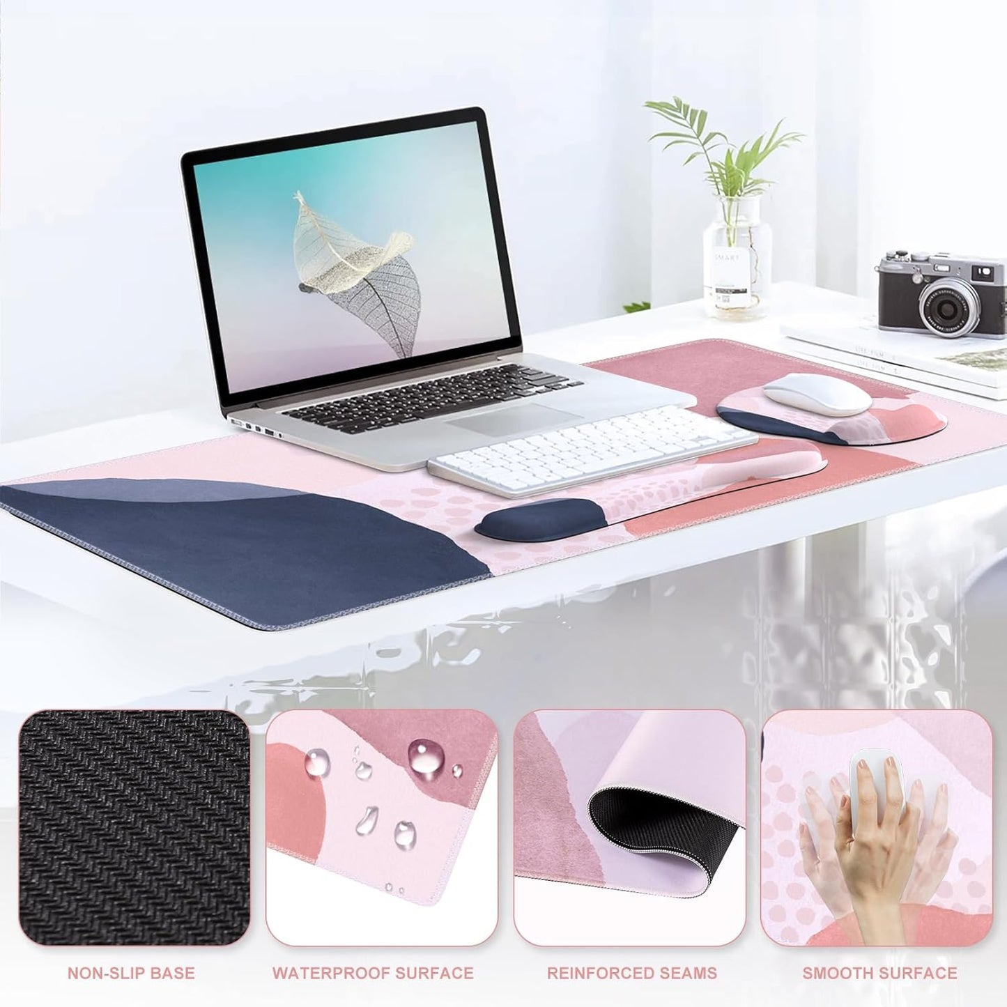 iCasso Desk Mat, Gaming Mouse Pad Wrist Support Set,4in1 XXL Large Mousepad + Keyboard Wrist Rest+Mouse Wrist Rest+Coaster Set with Ergonomic Design for Home Office Table Computer-Penoy