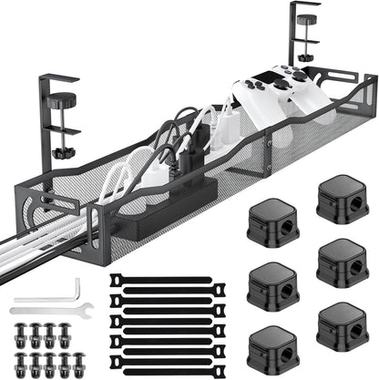 No Drill Under Desk Cable Management Tray, SONATURE 15.7" Cord Organizer for Table, Clamp Mount Desk Cable Management, Premium Carbon Steel Cable Organizer for Office, Home (Black)