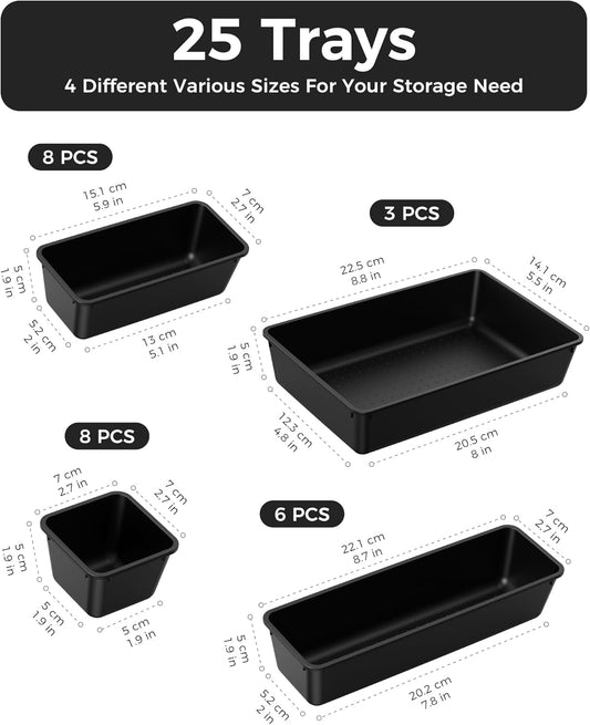 BiuLeon 25 PCS Plastic Drawer Organizers Set, 4-Sizes Vanity and Makeup Organizer, Desk and bathroom Drawer Organizer Trays, Organizers and Storage for Makeup, Jewelry, Gadgets, Utensils (Pink)