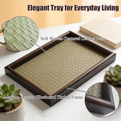 11.8x7.9 Desk Organizer Tray Wooden Storage with Leather Base, Versatile Tray Table for Nightstand Entryway Vanity Desktop(Black+Green)