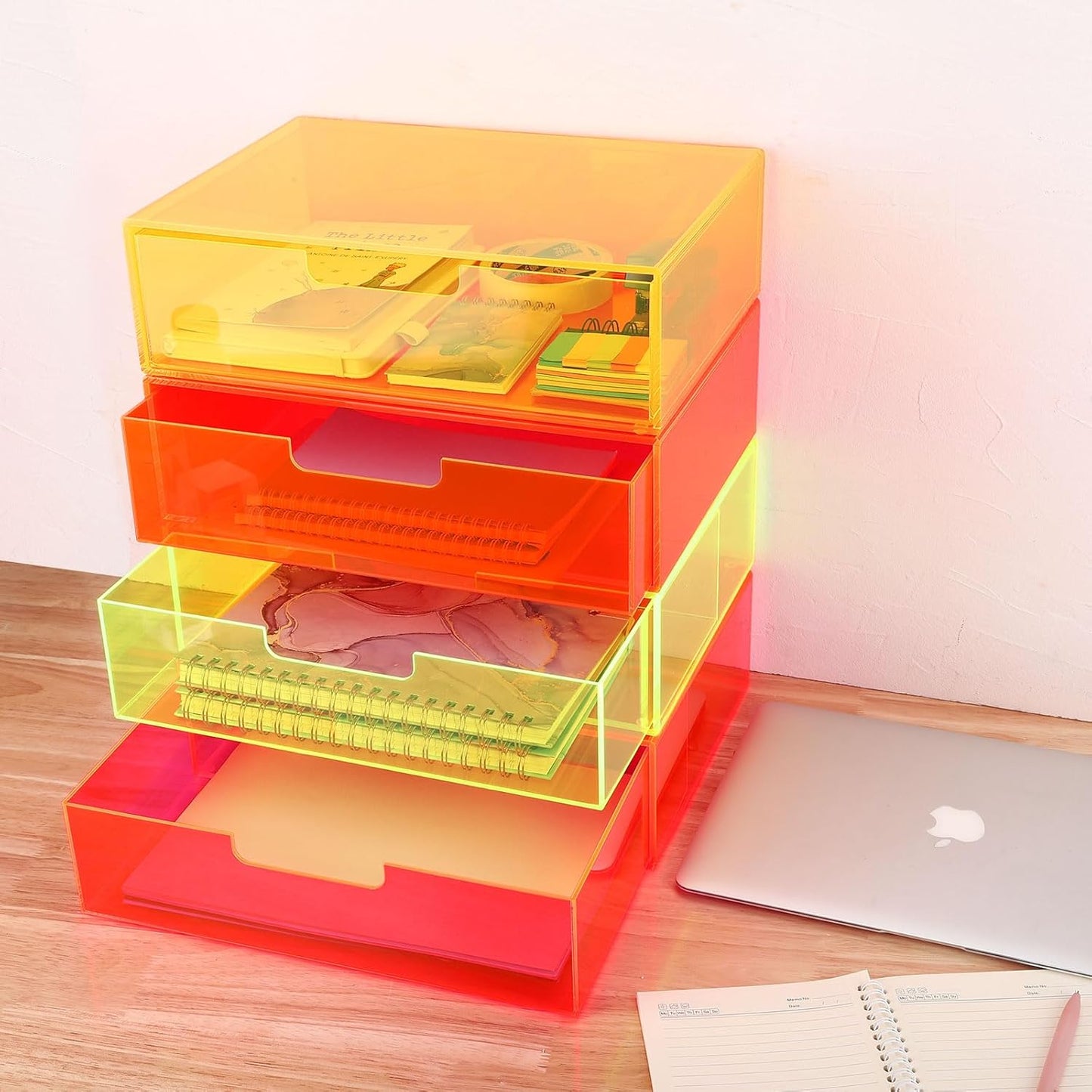 Gelite Acrylic Desk Organizer with Drawer for Makeup Vanity Stackable Desktop Storage Box for Office Supplies, 13.8 x 9.8 x 3.9’’, Neon Green