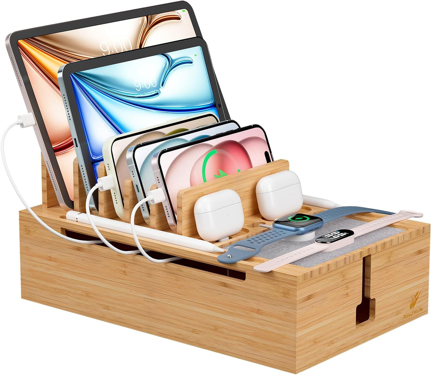 Pezin & Hulin Bamboo Charging Station for Multiple Devices, USB Charger Dock Organizer, with Power Supply (10 Ports HUB), 6 Cables, Cable Management Organizer for Cell Phones, Tablets -Natural+White