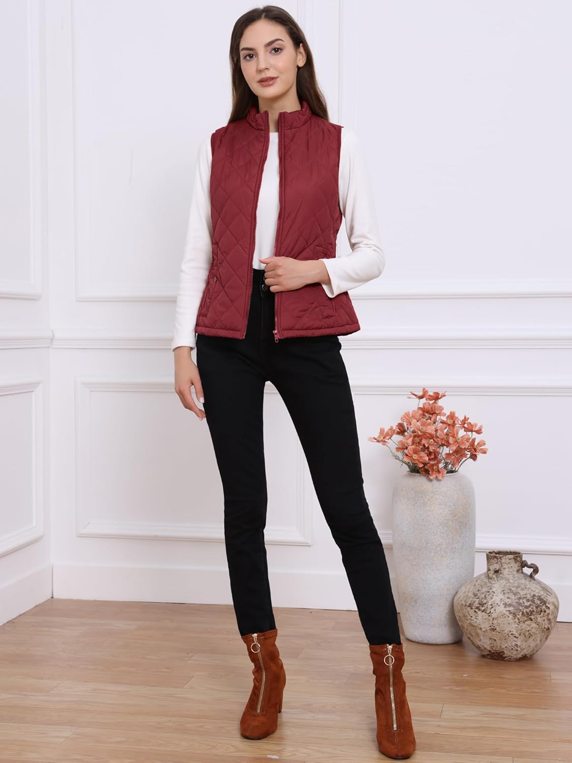 Allegra K Women's Puffer Vest Stand Collar Lightweight Gilet Quilted Zip Vest