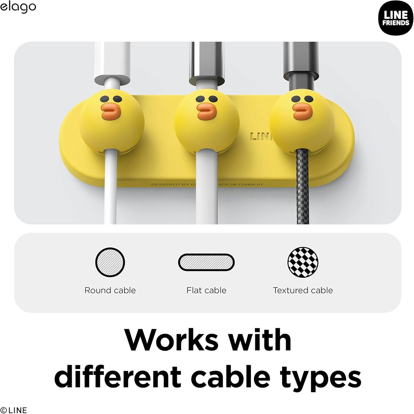 elago | LINE Friends Magnetic Cable Management Buttons, Organize 3 Cables, Powerful Magnets, Reusable Sticker Attaches to Surface, Desk Organization (Brown)