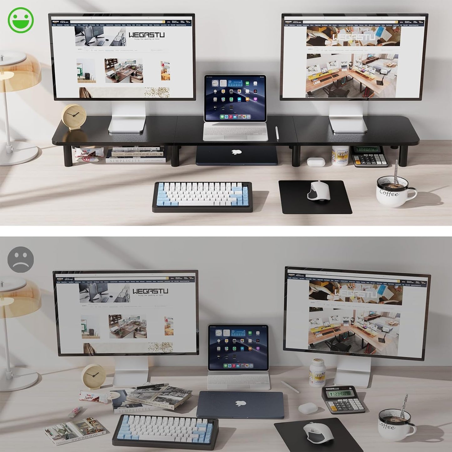 Dual Monitor Stand - 43.7 inch Extra Long Wide TV Stand - Wood & Steel Leg Desktop Riser - Desk Organization - Home Office (Vintage)