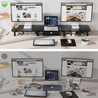 Dual Monitor Stand - 43.7 inch Extra Long Wide TV Stand - Wood & Steel Leg Desktop Riser - Desk Organization - Home Office (Vintage)