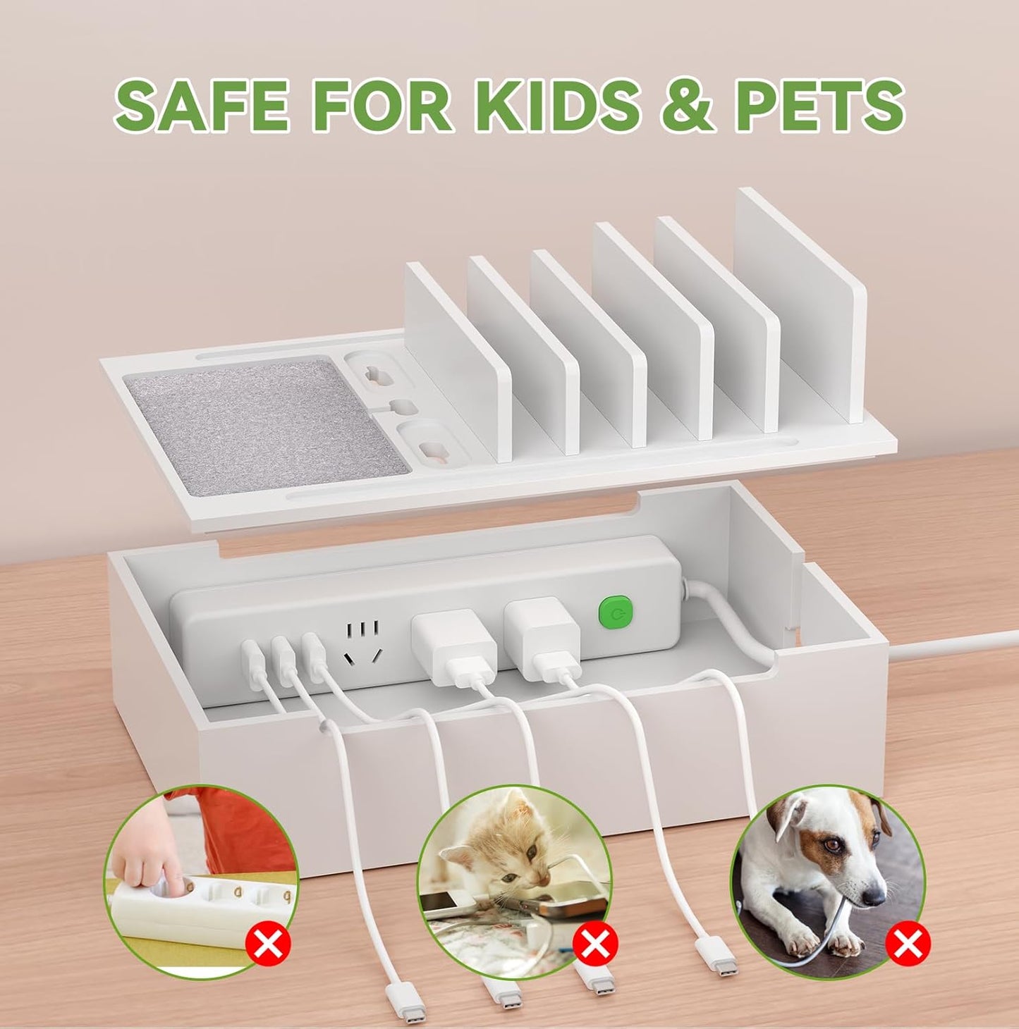 Pezin & Hulin Bamboo Charging Station for Multiple Devices, USB Charger Dock Organizer, with Power Supply (10 Ports HUB), 6 Cables, Cable Management Organizer for Cell Phones, Tablets -Natural+White