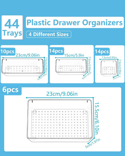 Clear Drawer Organizers Set of 13, 5-Size Vanity Organizer Trays, Stackable Bathroom & Desk Drawer Organizer for Makeup, Jewelry, Kitchen Utensils, Office Supplies and Small Gadgets Storage