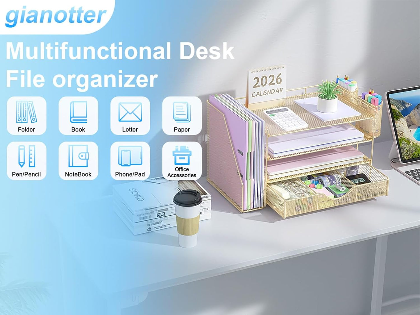 gianotter Desk Organizers and Accessories with File Holder, 4-Tier Desk Accessories & Workspace Organizers with Drawer and 2 Pen Holder, Paper Organizer for Office Supplies (Rose Gold)