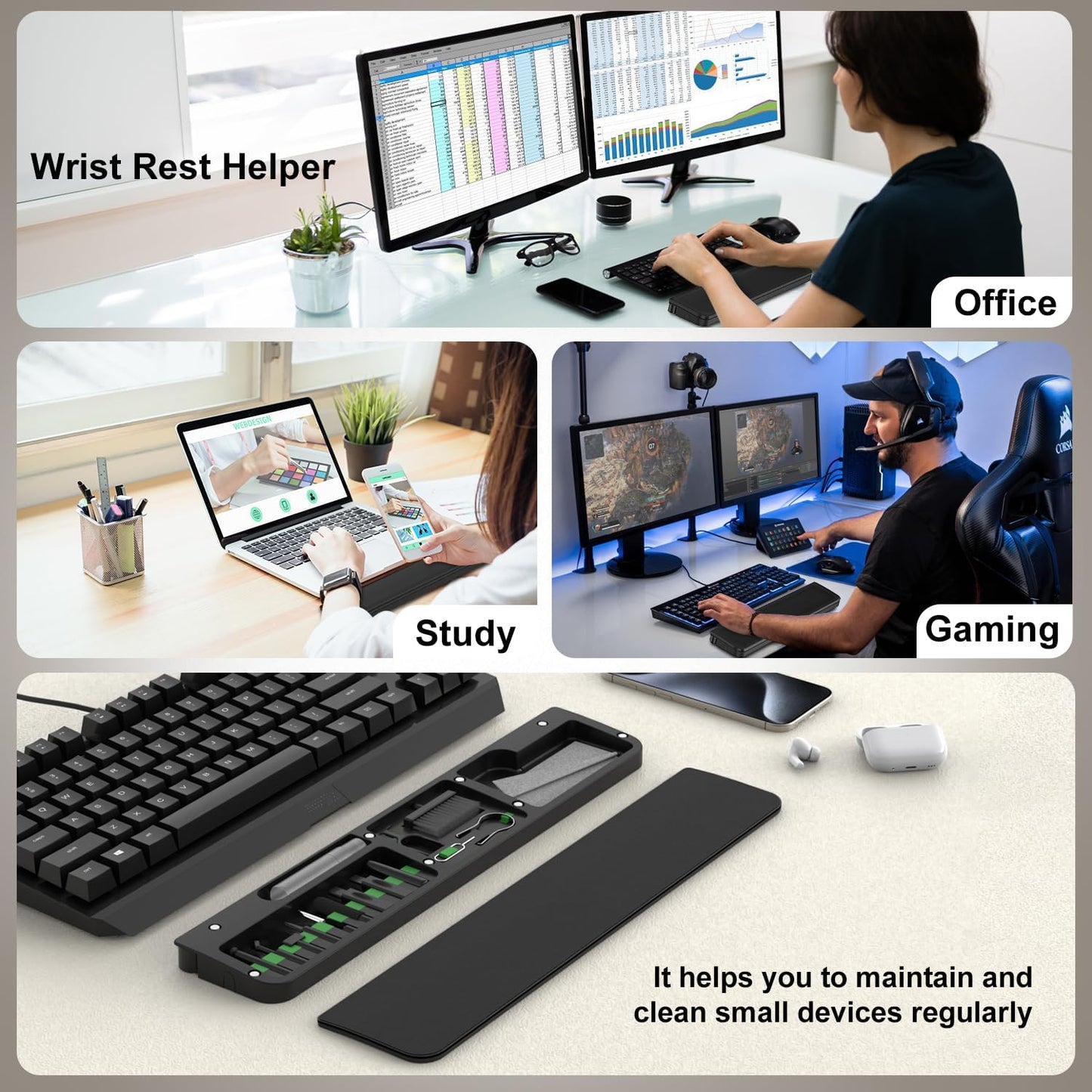 VICHYIE Keyboard Wrist Rest with Cleaner Kit, Wrist Pad for Tenkeyless Keyboard, Typing Pain Relief, Multi-Functional Cleaning Kit for Earbuds, Phones, Desk Accessories for Home & Office (Black)