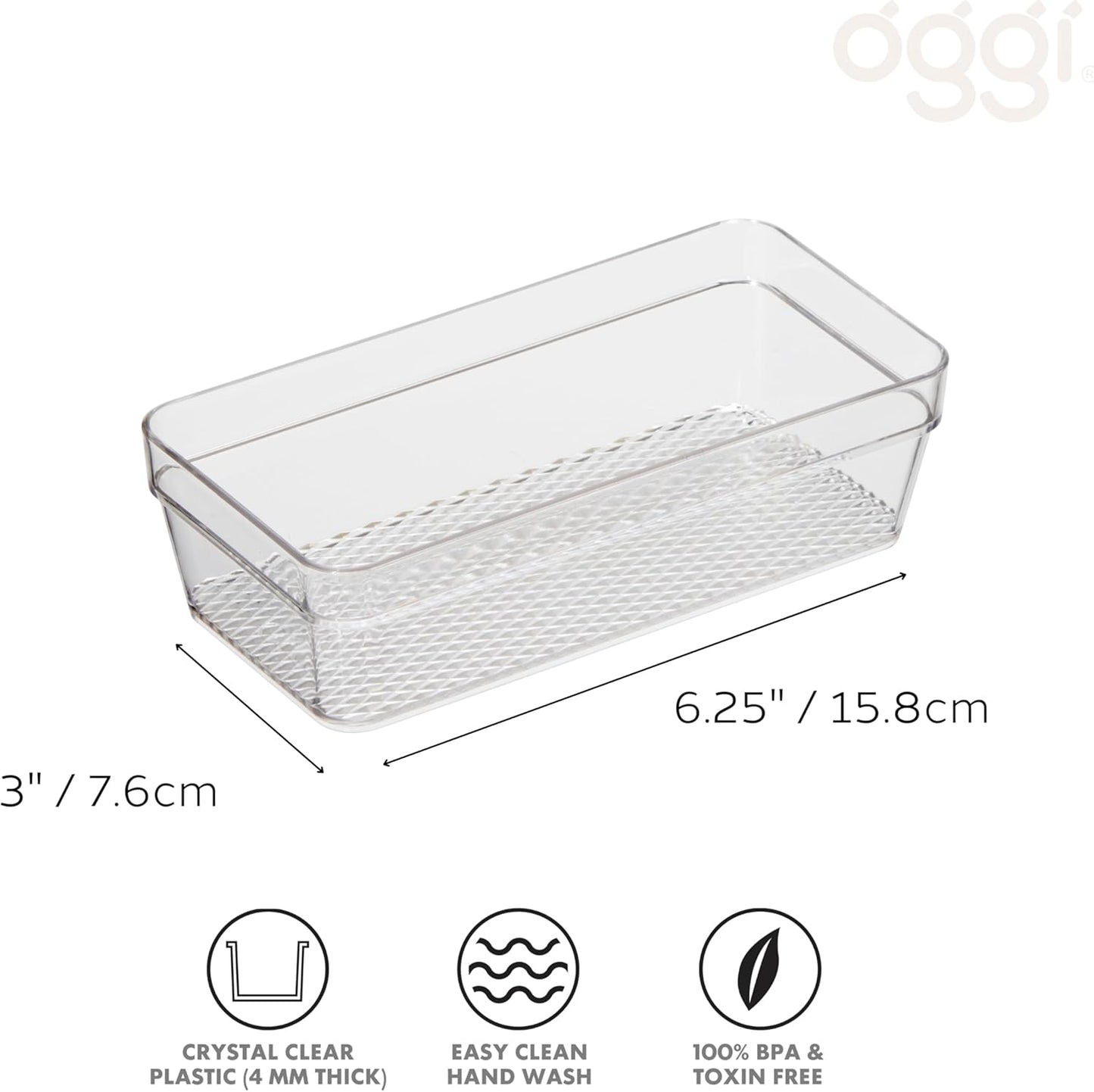 Oggi Set of 5 Clear Drawer Organizers - (1) 3x6.25, (2) 3x9.5, (2) 3x12.5 - Ideal for Organizing Kitchen Drawers, Office, Desk, Silverware, Kitchen Utensils, Cosmetics and Bathrooms