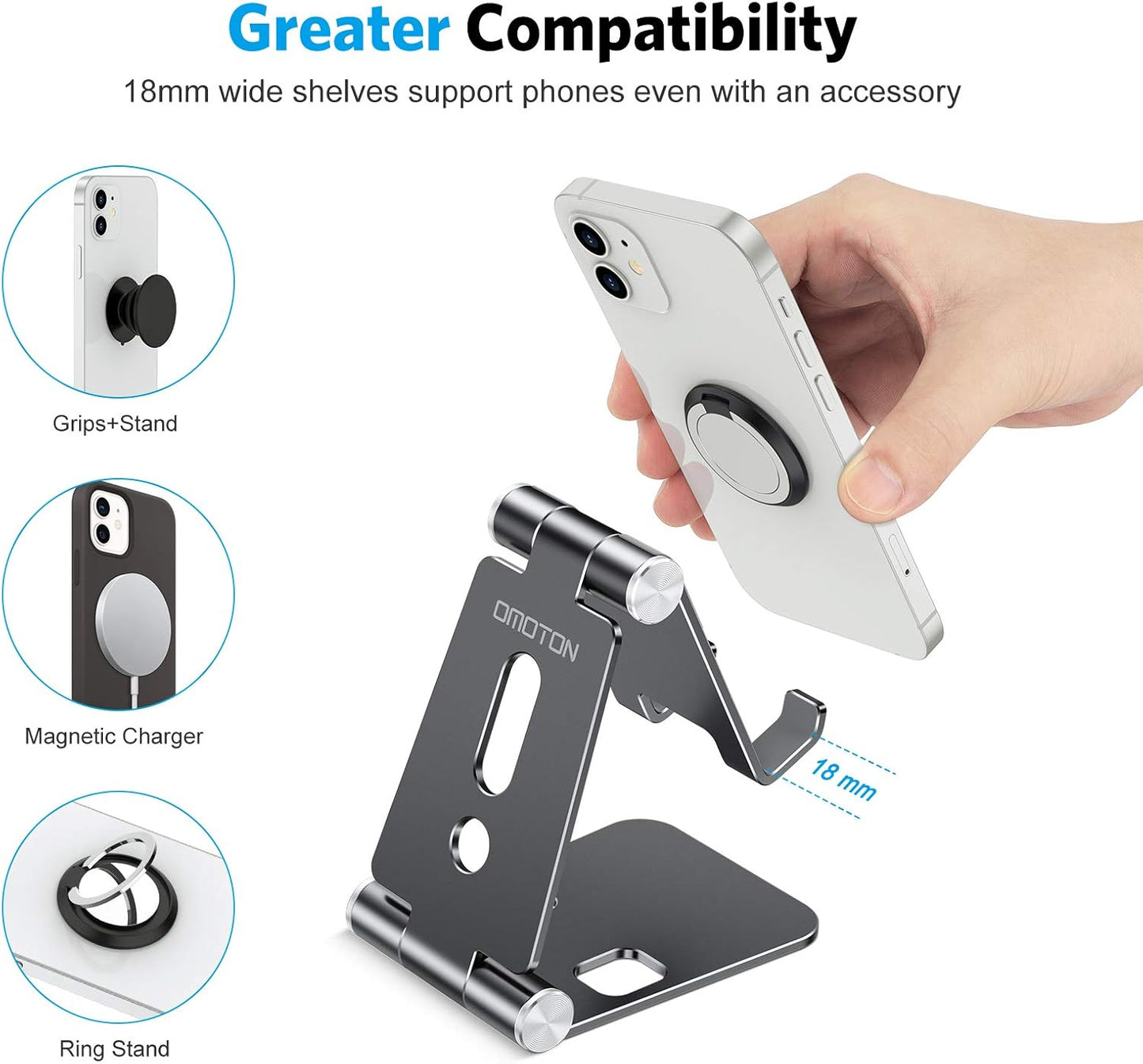 OMOTON Foldable Cell Phone Stand, C4 Portable Aluminum Phone Holder, Adjustable Phone Dock Cradle Compatible with iPhone 17/16/15 Pro Max Air, Samsung Galaxy, Small Tablets, All Smart Phones, Silver