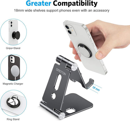 OMOTON Foldable Cell Phone Stand, C4 Portable Aluminum Phone Holder, Adjustable Phone Dock Cradle Compatible with iPhone 17/16/15 Pro Max Air, Samsung Galaxy, Small Tablets, All Smart Phones, Silver