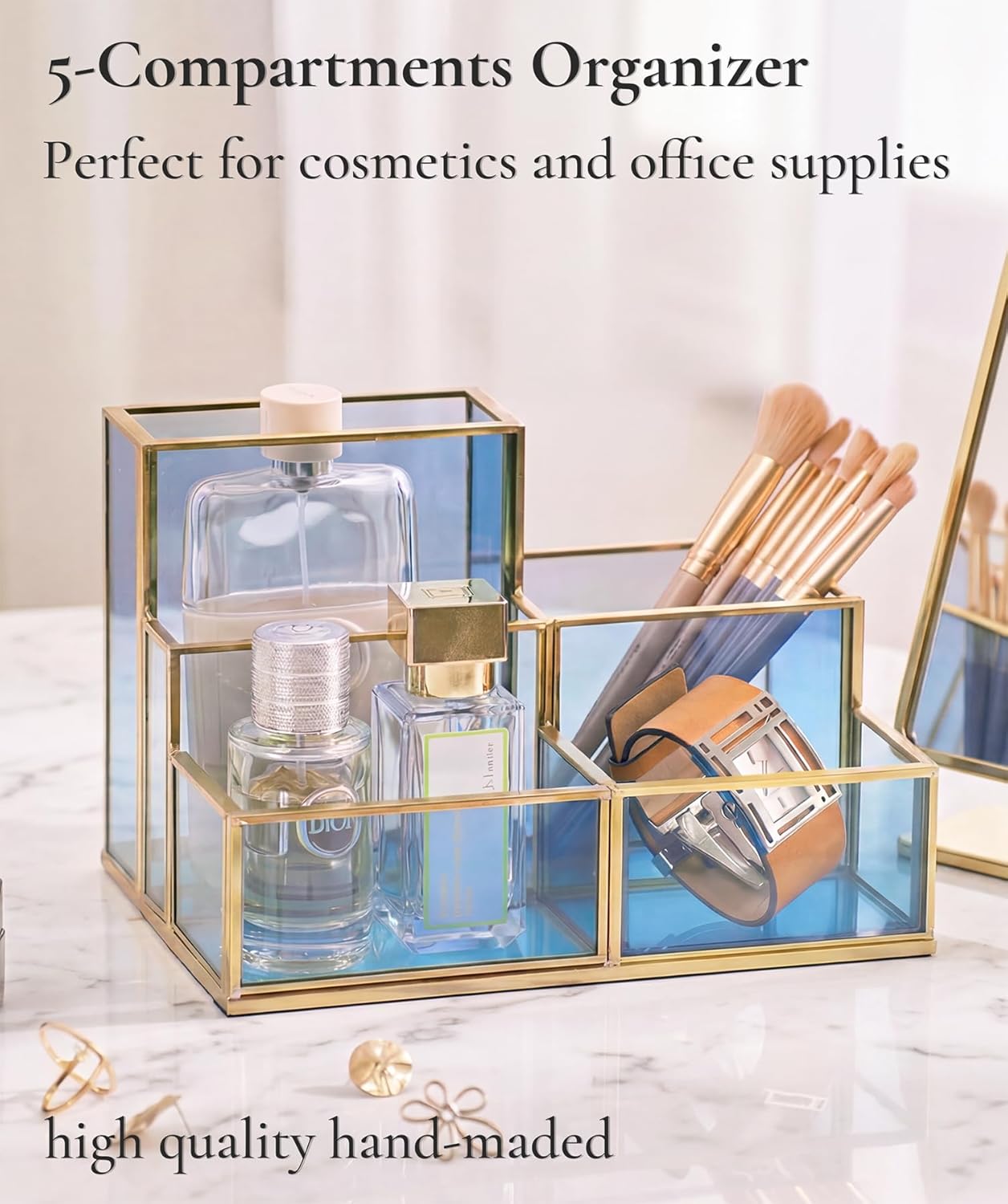 FONDAZZA Gold & Blue Glass Desk Organizer - Elegant Office Decor, Aesthetic Makeup Brush Holder, 2-Compartment Pen Holder, Pencil Cup, Vanity & Cosmetic Storage, Desk Accessories for Women