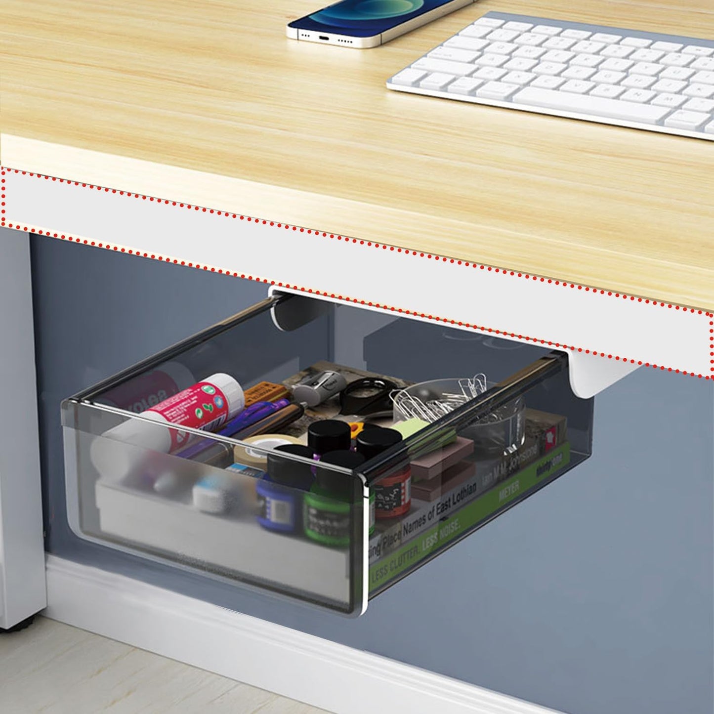 SVNNELP 2 Pack Upgrade Under Desk Drawer for Table with Lip,Office Attachable Plastic Desktop Accessories & Workspace Organizers,Hidden Under Table Desk Storage Organizer Pencil Tray Drawer Slide Out
