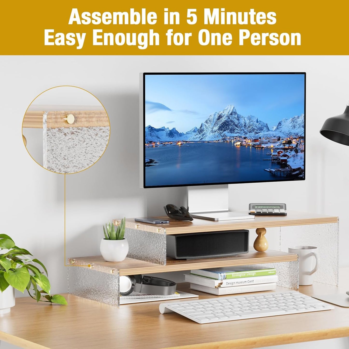 YGYQZ Adjustable Monitor Stand Riser with Acrylic Legs丨7.67" Wide Dual Monitor Stand for Desk丨2-Tier Wood Desktop Organizer for Computer, Laptop, Printer & PC丨Modern Aesthetic Desk Shelf(wood-flat)