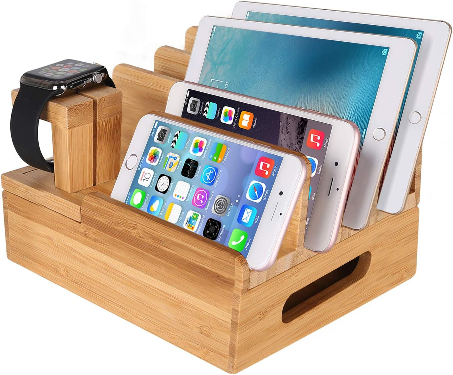 Bamboo Wood Multi-Device Desktop Dock Station Charger Holder Charging Cradle Charge Stand Compatible for iPhone 16 15 14 13 12 11 Pro Max XS XR X iPad 3 4 Mini Pro Air Samsung Huawei Smartphones