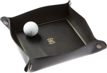 USA Handmade Premium Leather Valet Tray, Folds Flat! Dice Rolling Basket and Organizer with Brass Snaps - Reinforced Base - for Keys, Jewelry, Coin, EDC, Watch Storage Caddy - Black XLarge