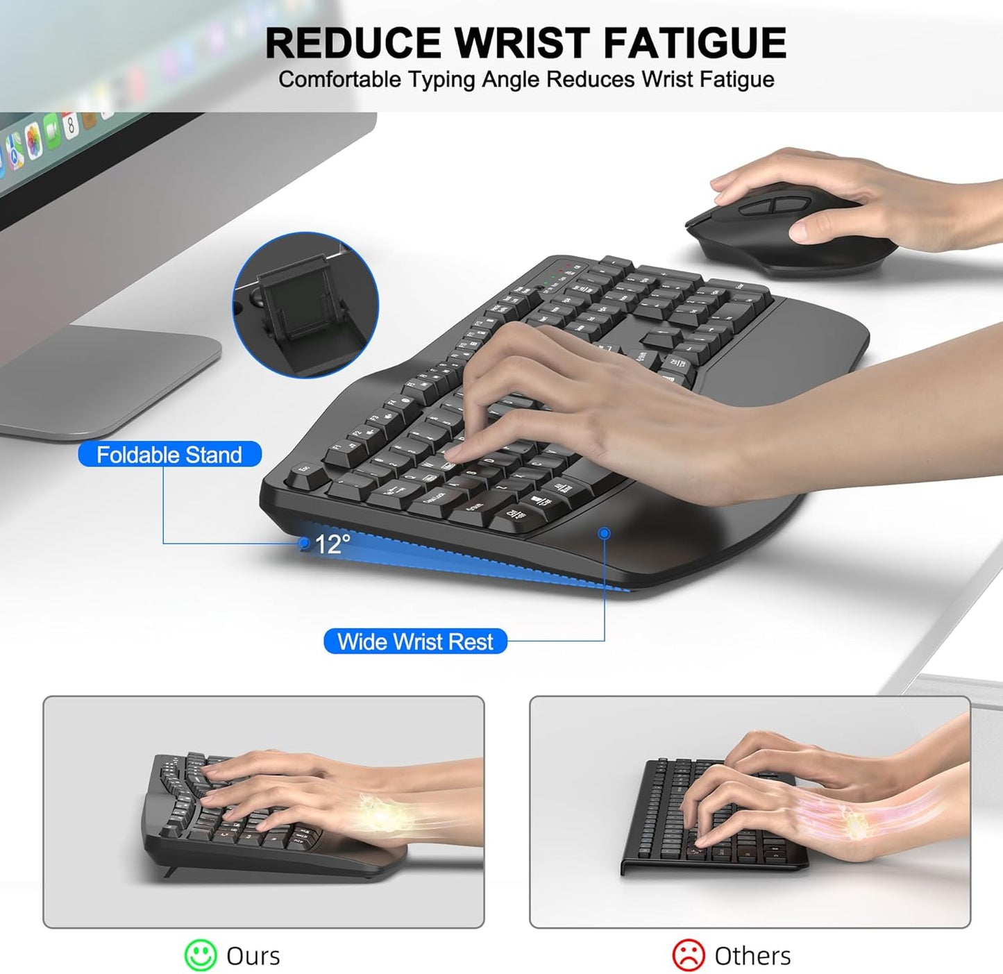 Wireless Keyboard and Mouse Combo, 2.4G Full Size Wave Keys Ergonomic Keyboard with Wrist Rest and 3-Level DPI Adjustable Wireless Ergonomic Mouse for Windows, Mac OS Desktop/Laptop/PC(Black)